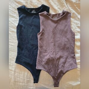 Nuuds Women's Ribbed Crewneck Tank Bodysuits, Black And Coffee, Sizes XS